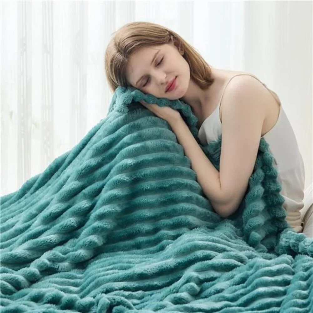 Super Soft Throw Blanket Light Teal Ribbed Premium Silky Flannel Fleece 50